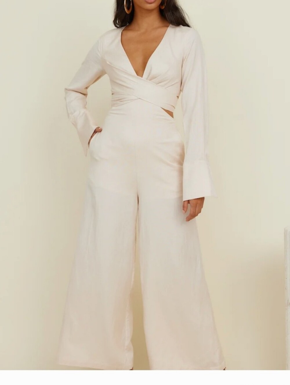 Cream Wrap-Front Wide Leg Jumpsuit